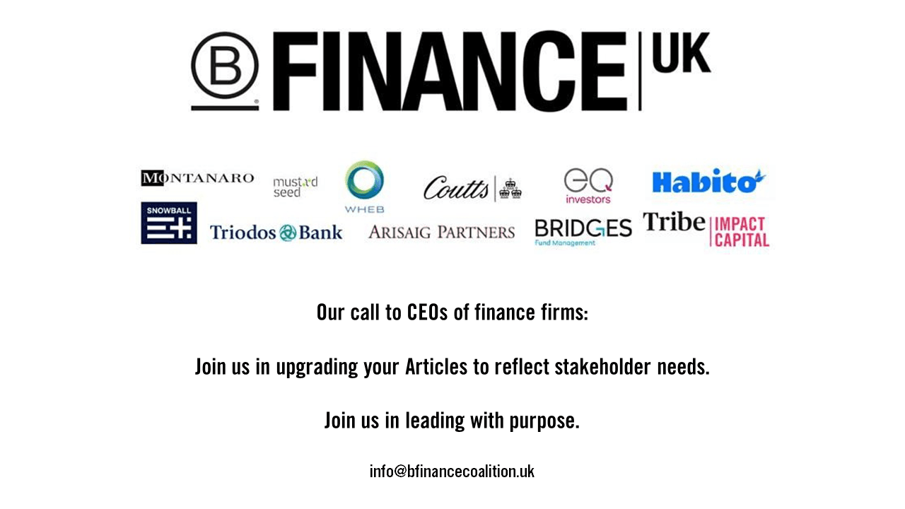 B Corp Finance Coalition UK calls for legal change to finance companies’ governance frameworks